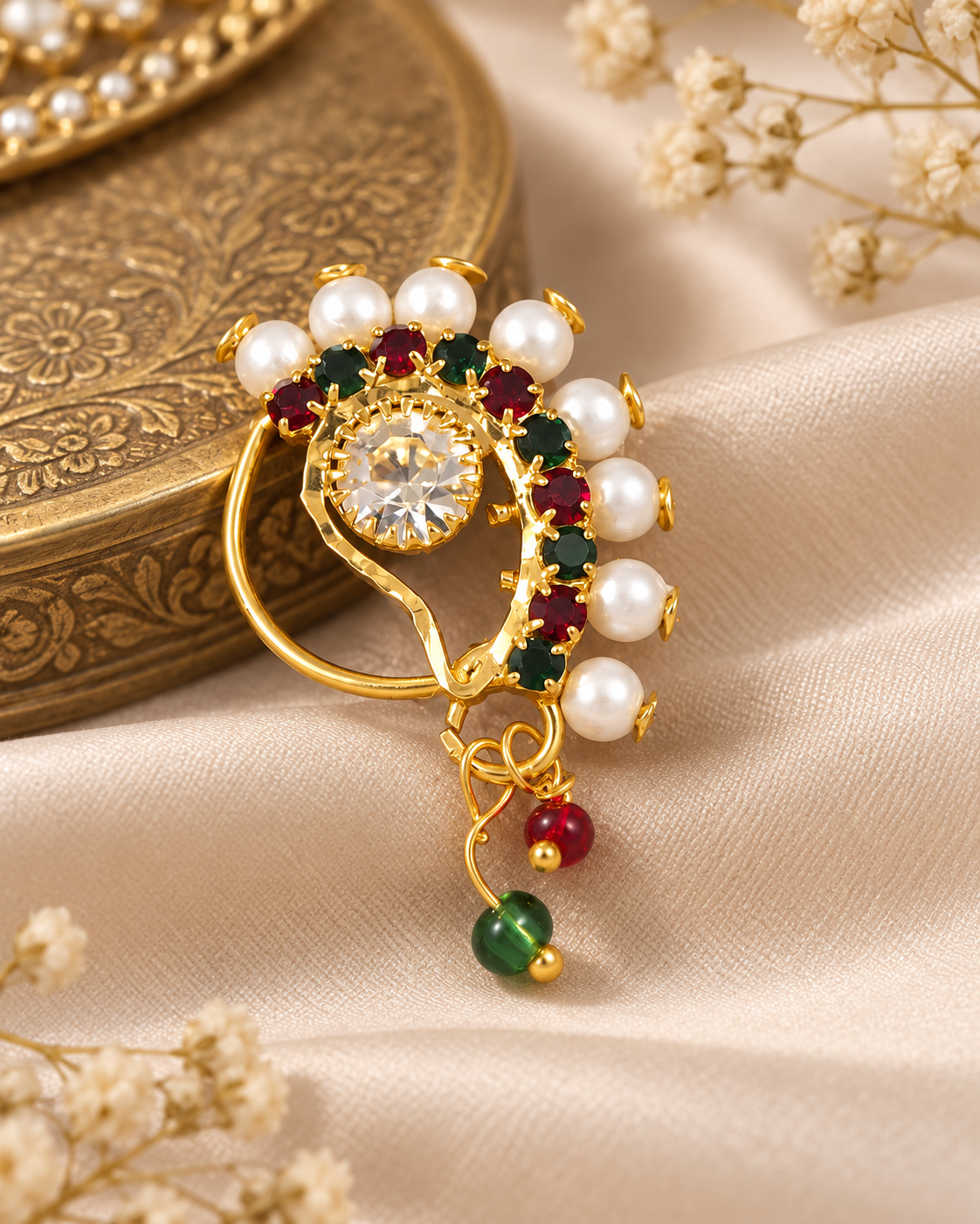 Pearl Nath - Festive Multi-Stone Clip-On Nose Ring for Weddings